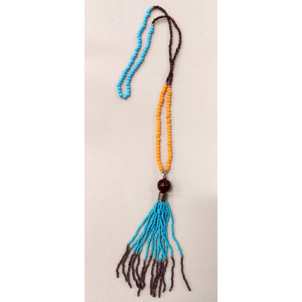 Breaded Tassel Necklace - Brown, Yellow, Turquoise